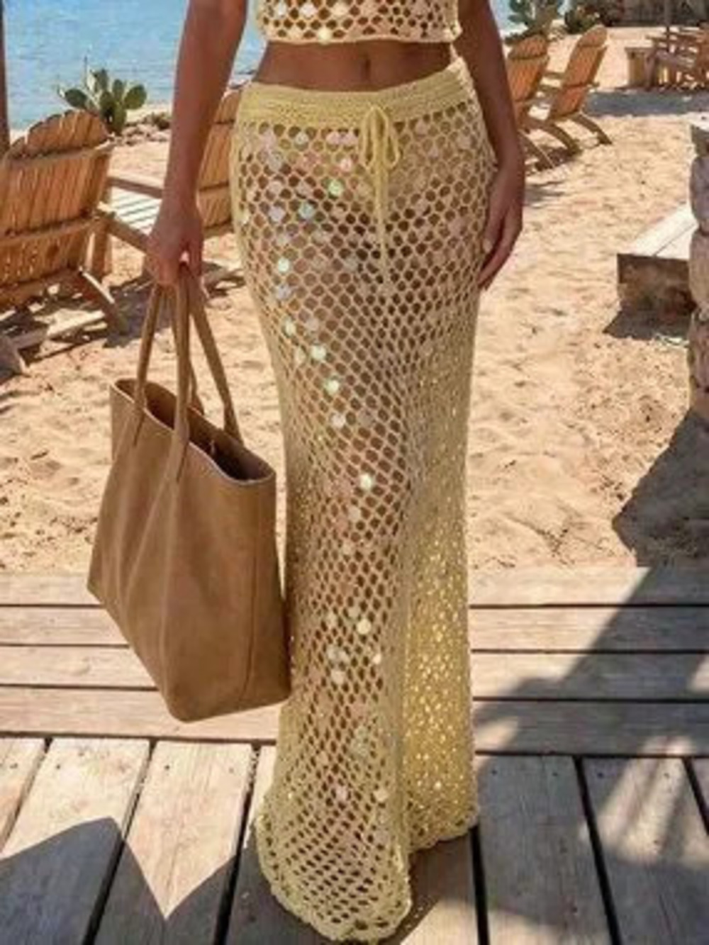 ZARA Yellow Sexy Women's Sequin Vacation Beach Cover-Up Skirt
